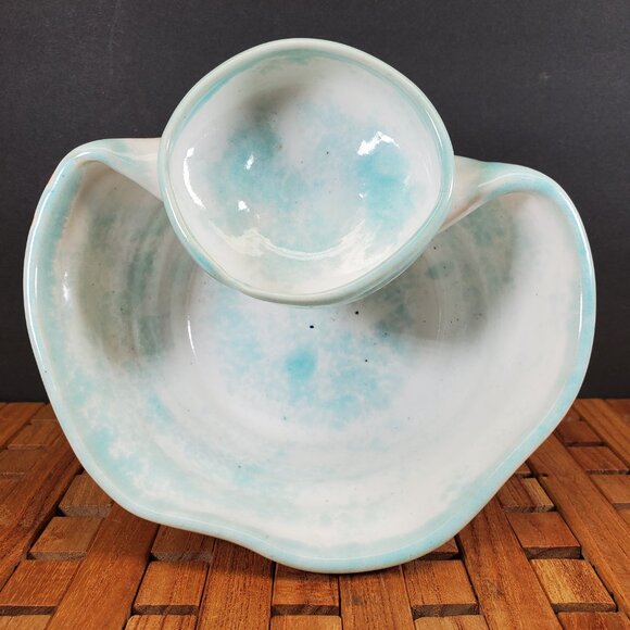 Handmade Studio Pottery Chip & Dip Bowl — Aqua Blue Glaze, Artisan Serveware - Picture 6 of 10
